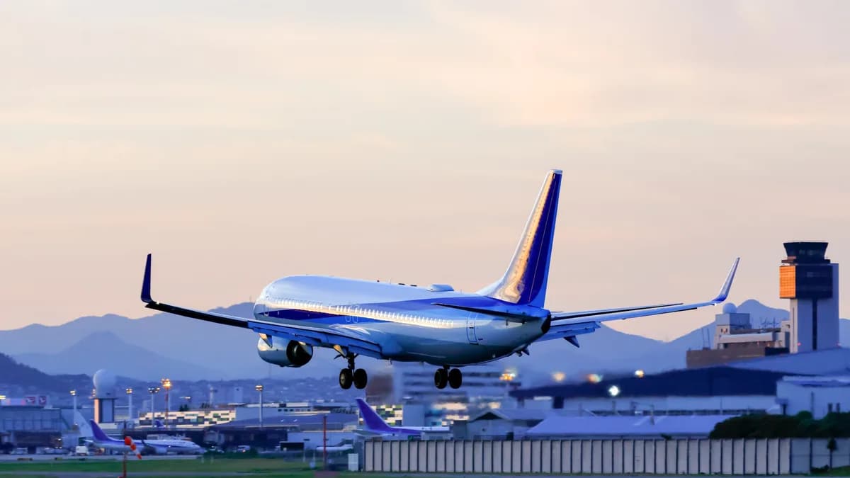夕焼けの滑走路へ着陸する旅客機